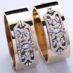 Antique Matching Pair of Art Deco Diamond & Gold Bangles