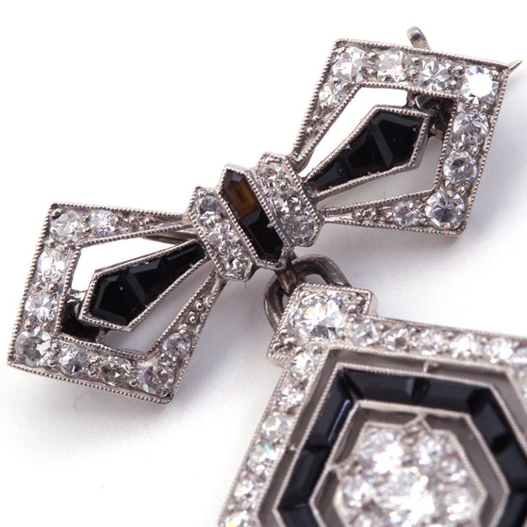 Cartier Paris charming Art Deco style hanging Diamond and Onyx tie style brooch