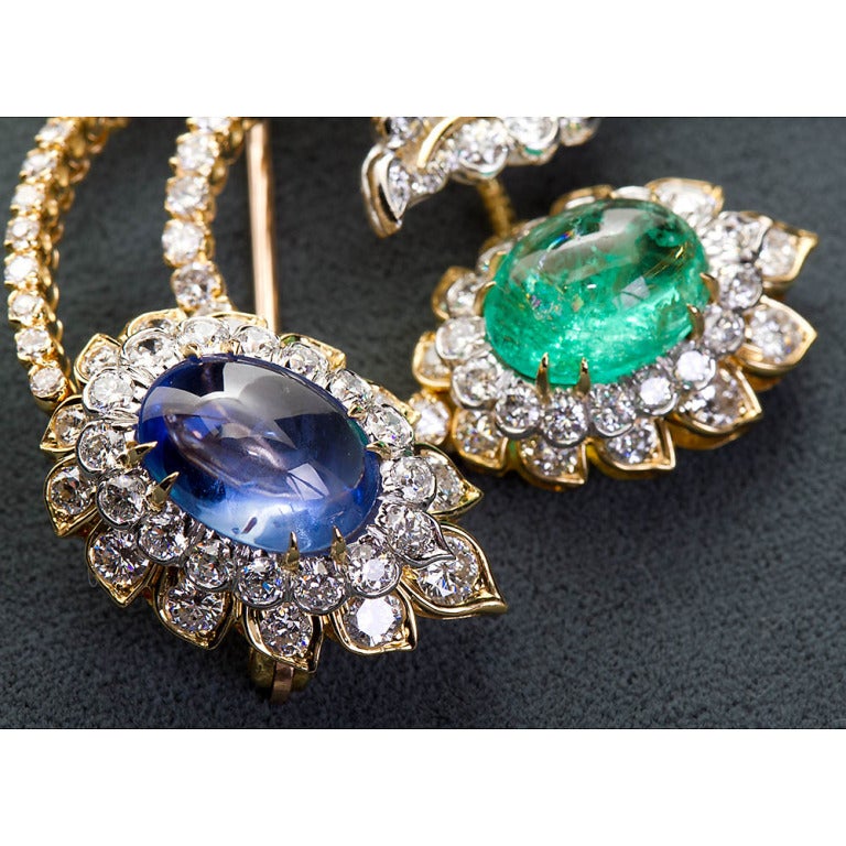 David Webb Emerald Sapphire Diamond Flower Spray Brooch 15 Carat For ...