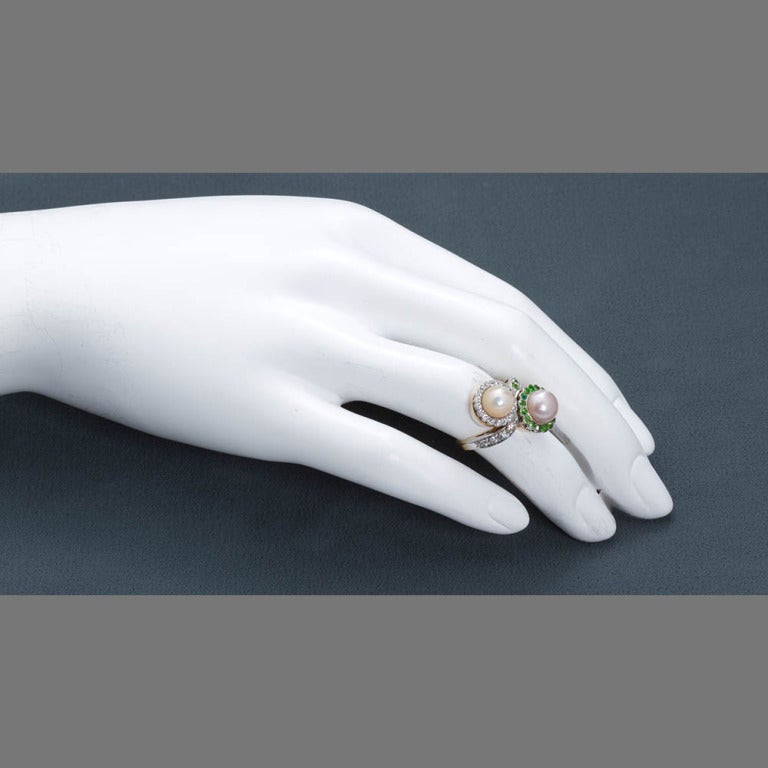 Vintage Demantoid Diamond and Twin Natural Pearl Ring In Excellent Condition In Lakewood, NJ