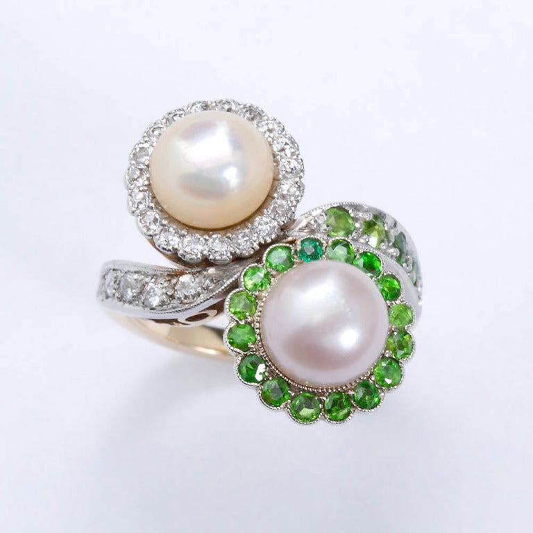 Women's Vintage Demantoid Diamond and Twin Natural Pearl Ring
