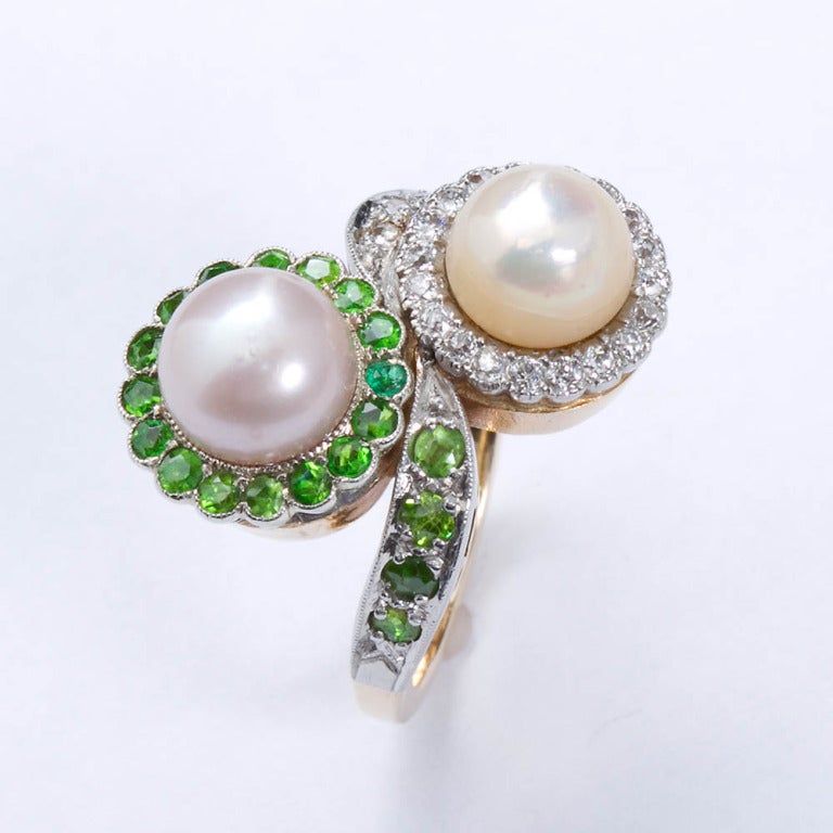 Vintage Demantoid Diamond and Twin Natural Pearl Ring 1
