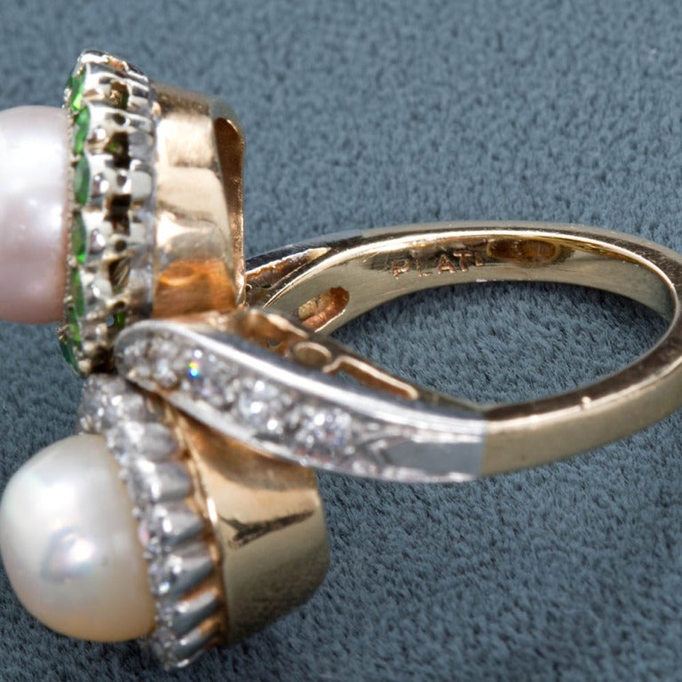 Vintage Demantoid Diamond and Twin Natural Pearl Ring 2