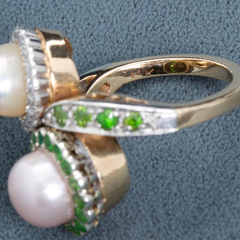 Vintage Demantoid Diamond and Twin Natural Pearl Ring 3