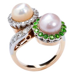 Vintage Demantoid Diamond and Twin Natural Pearl Ring