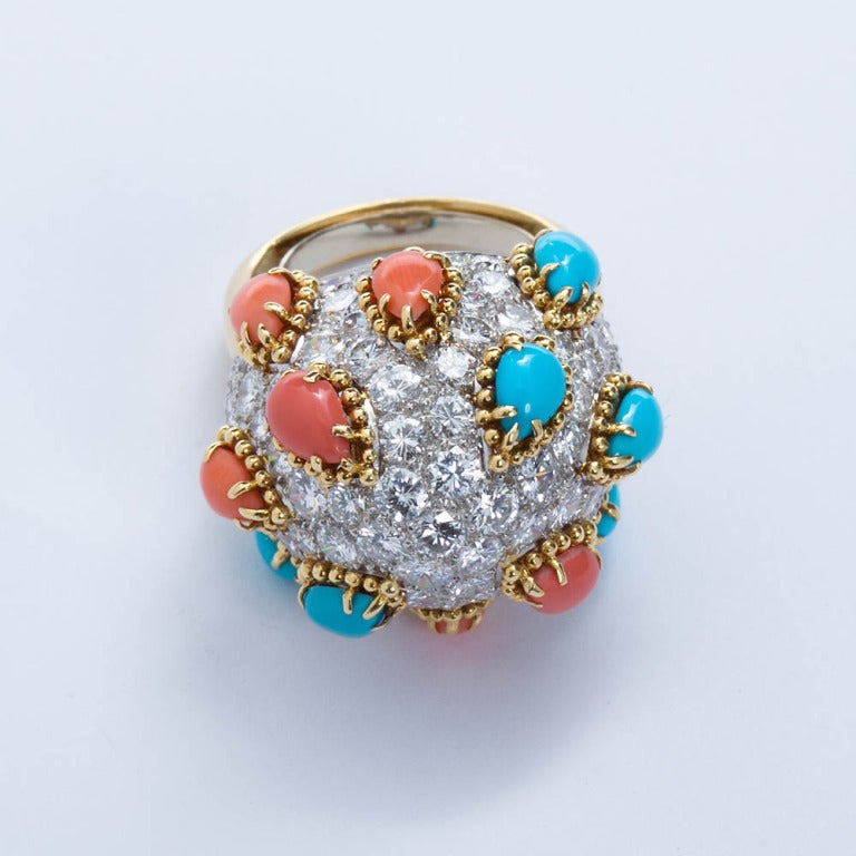 Women's Elaborate Diamond Pave Coral Turquoise Bombé Ring