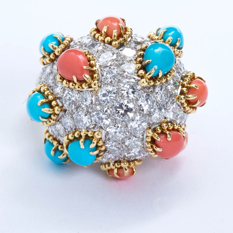 Elaborate Diamond Pave Coral Turquoise Bombé Ring 2
