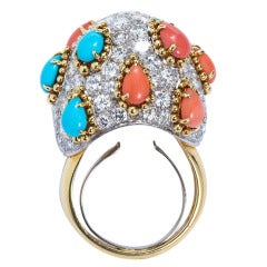 Vintage Elaborate Diamond Pave Coral Turquoise Bombé Ring