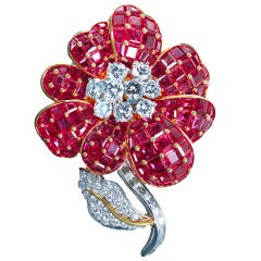 OSCAR HEYMAN Diamond and Ruby Flower Pin Brooch
