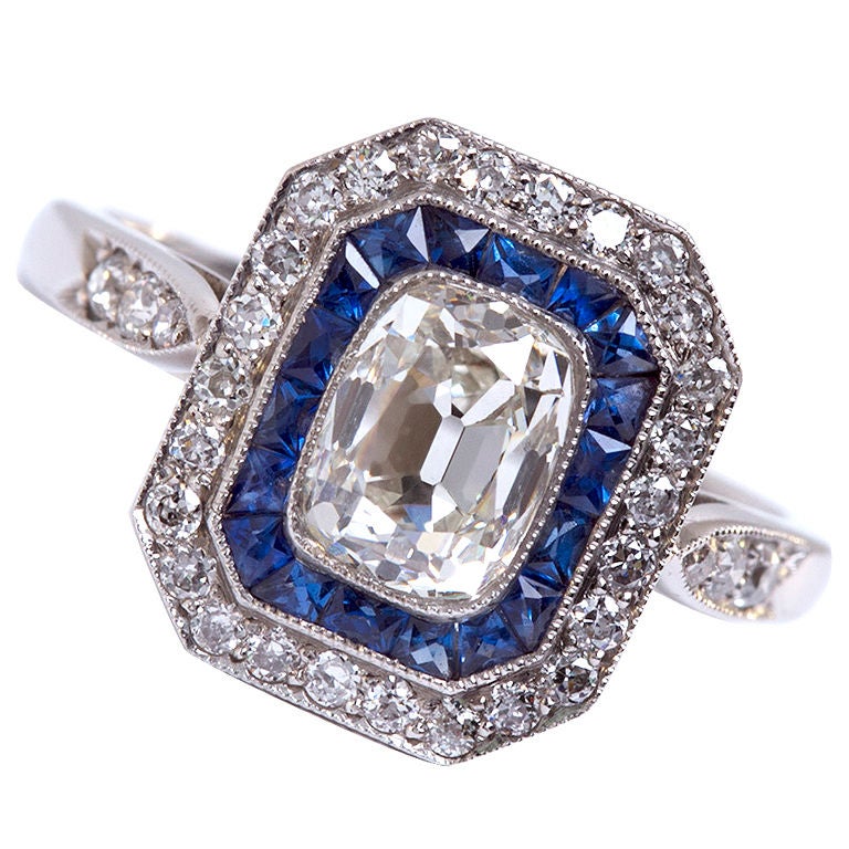 Art Deco Cushion Diamond with Sapphire Ring at 1stDibs