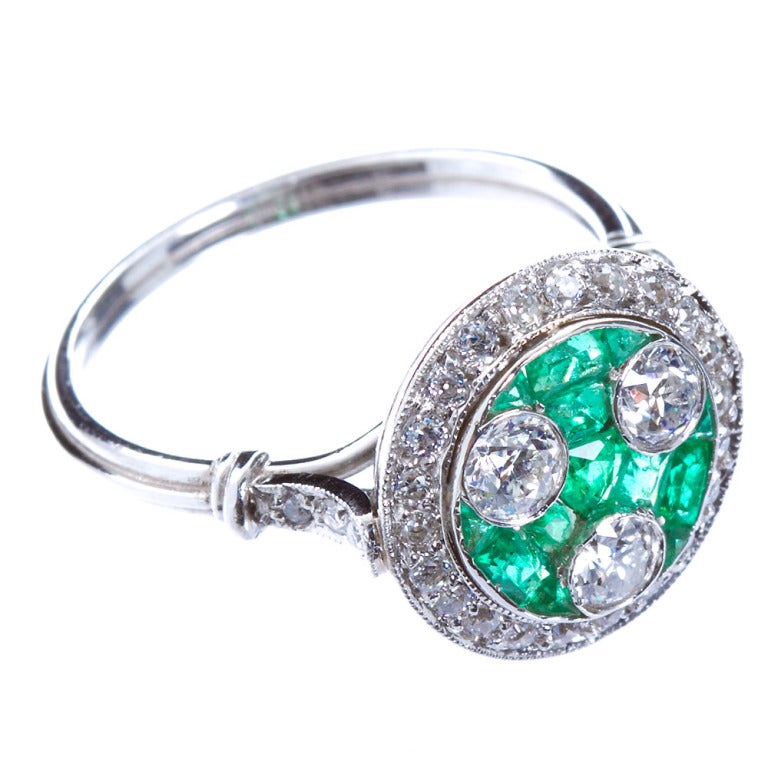 Art Deco Three-Stone Diamond Emerald Ring