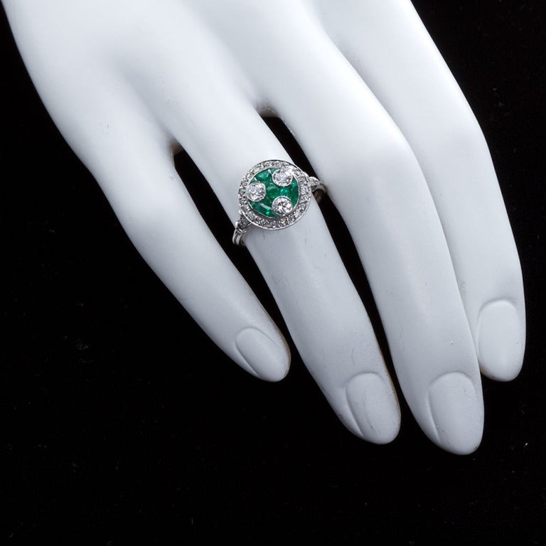 Old European Cut Art Deco Three-Stone Diamond Emerald Ring