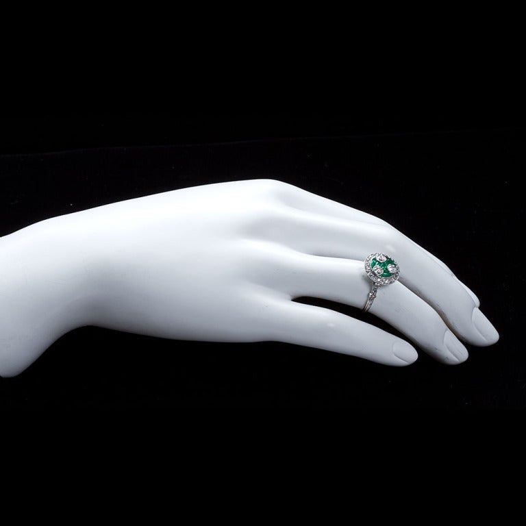 Art Deco Three-Stone Diamond Emerald Ring 1