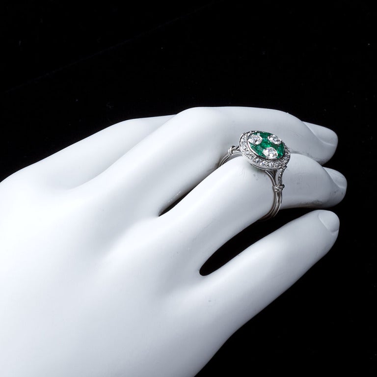 Art Deco Three-Stone Diamond Emerald Ring 2