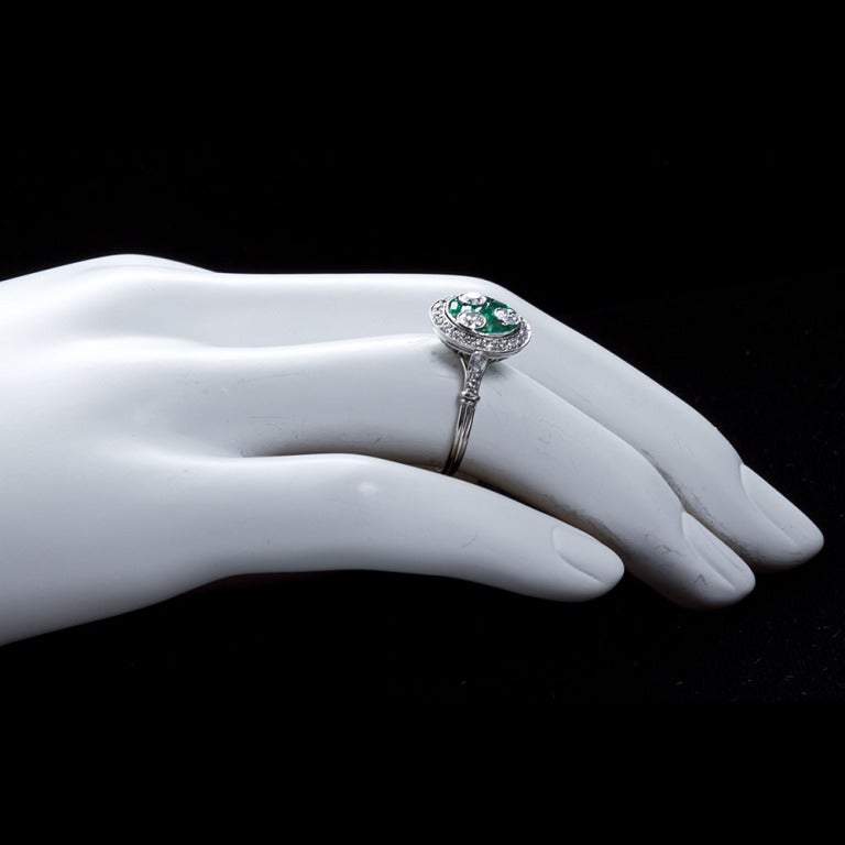 Art Deco Three-Stone Diamond Emerald Ring 3