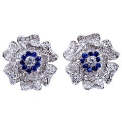 Diamond Sapphire Tudor Rose Flower Earclips 12
