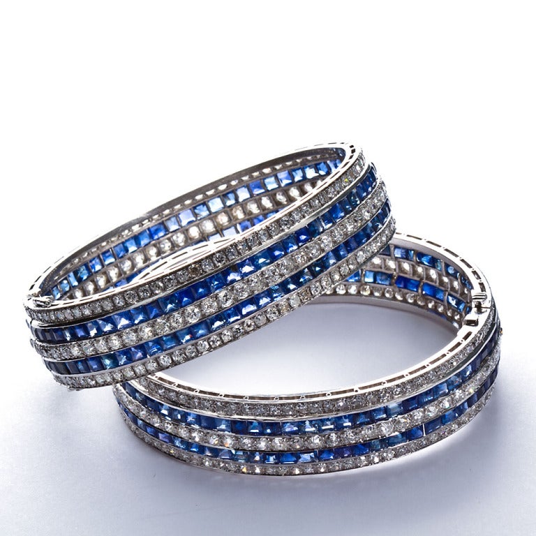 French Cut Pair of Twin Art Deco Diamond Sapphire Bangle Bracelets 65 Carat
