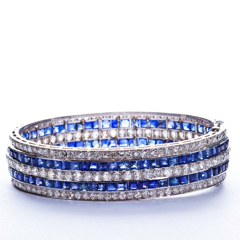 Pair of Twin Art Deco Diamond Sapphire Bangle Bracelets 65 Carat In Good Condition In Lakewood, NJ