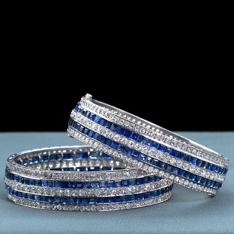 Women's Pair of Twin Art Deco Diamond Sapphire Bangle Bracelets 65 Carat