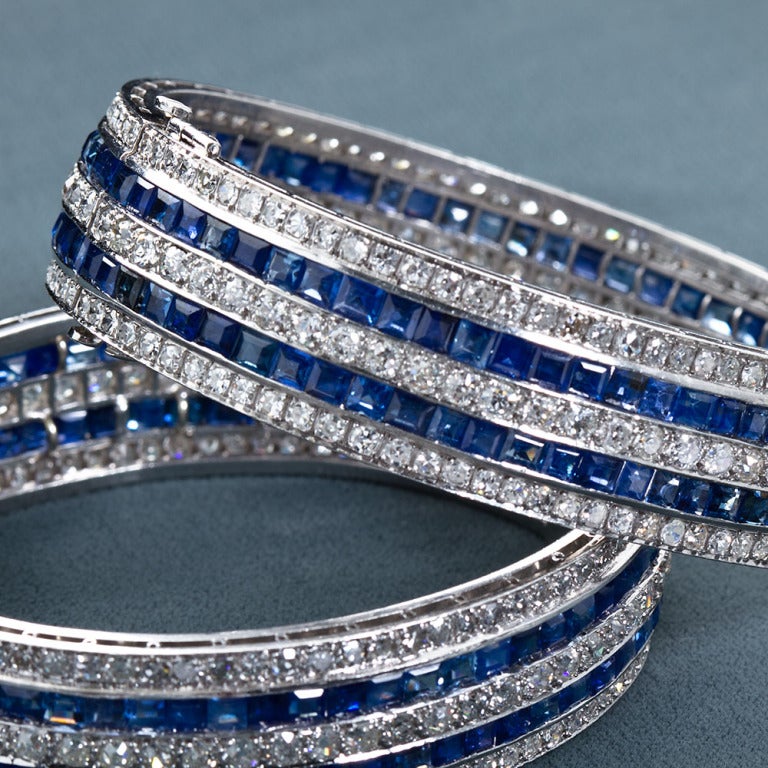 Pair of Twin Art Deco Diamond Sapphire Bangle Bracelets 65 Carat 1