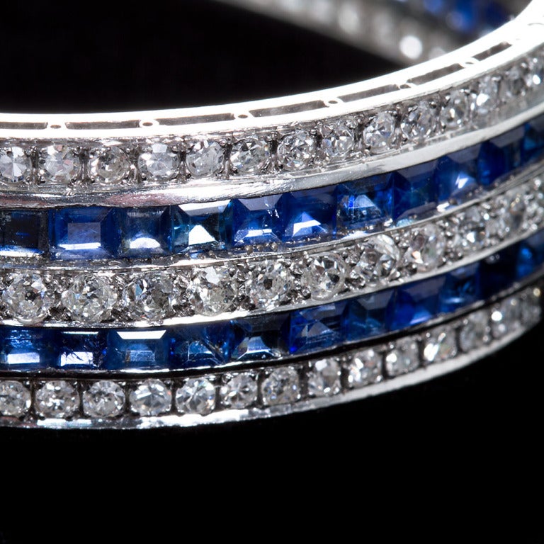 Pair of Twin Art Deco Diamond Sapphire Bangle Bracelets 65 Carat 2