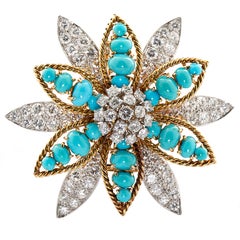 David Webb Turquoise Diamond Gold Platinum Flower Brooch