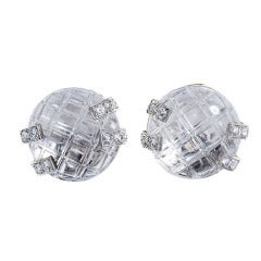 David Webb Rock Crystal Earclips with Diamond Accents