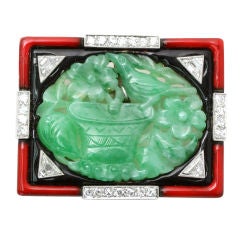 Art Deco Carved Jade Brooch