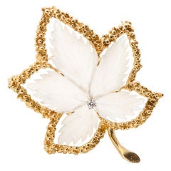 Gold  & Diamond Frosted Crystal Leaf Brooch