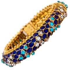 Vintage Exceptional Italian Gold & Blue Scale Style Bracelet