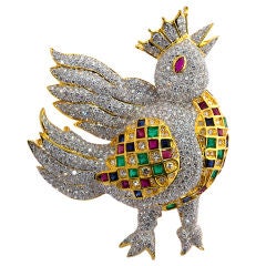 Whimsical diamond and multi color "the bird king" brooch