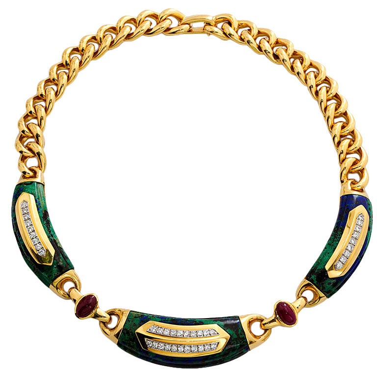 David Webb Malachite Ruby Diamond Gold Chain Necklace