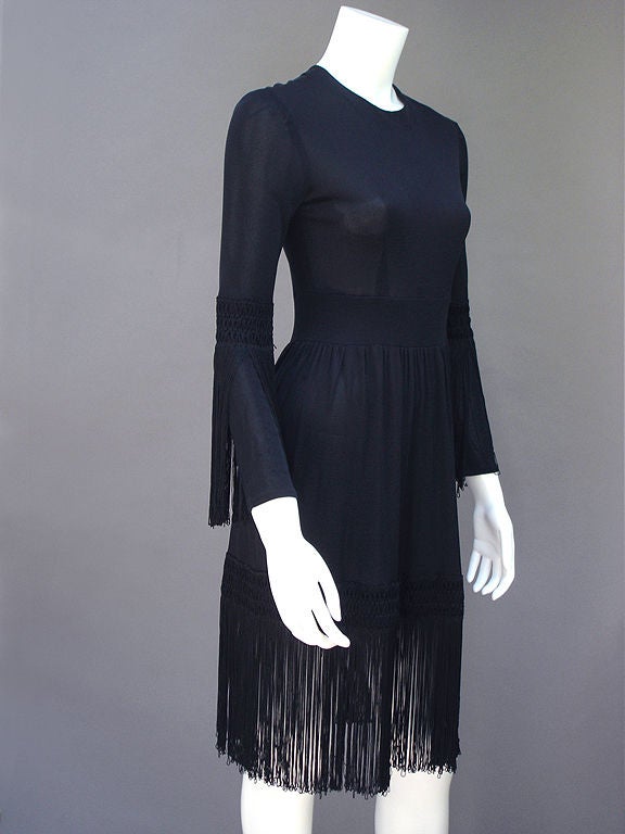 Emilio Pucci 60s Noir Jersey Fringed Dress In Excellent Condition For Sale In Miami Beach, FL