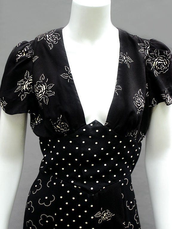 A fashion classic that every fashion-loving girl should own--a 30s-style tea gown. <br />
<br />
Most liquid, flowing crepey fabric . . . The dots and flowers look like they're painted on. Three separate prints going on--roses, polka dots, and