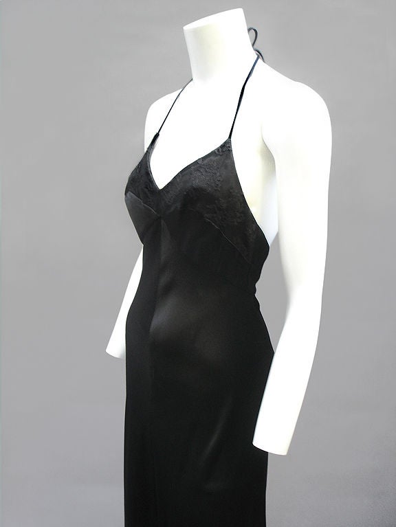 70s Foxy Lady Black Satin Spaghetti Strap Gown In Excellent Condition For Sale In Miami Beach, FL