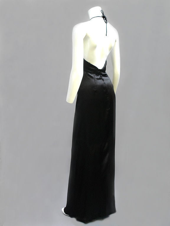 70s Foxy Lady Black Satin Spaghetti Strap Gown For Sale 1