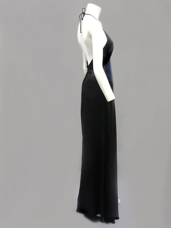 70s Foxy Lady Black Satin Spaghetti Strap Gown For Sale 3