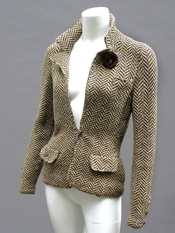 Black 70s Adolfo Herringbone Wool Jacket For Sale