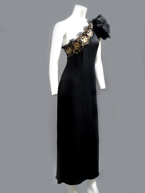 Black 70s Bill Blass One-Shoulder Gown in Slippery Silk with Lace Flower For Sale