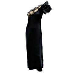 70s Bill Blass One-Shoulder Gown in Slippery Silk with Lace Flower