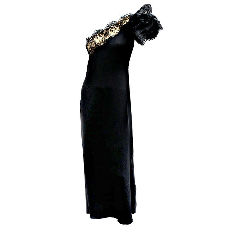 70s Bill Blass One-Shoulder Gown in Slippery Silk with Lace Flower For Sale
