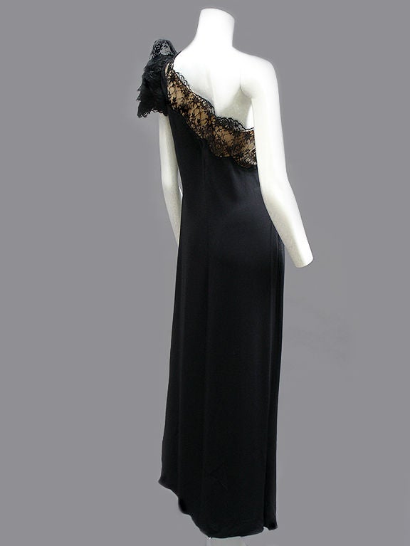 Women's 70s Bill Blass One-Shoulder Gown in Slippery Silk with Lace Flower For Sale