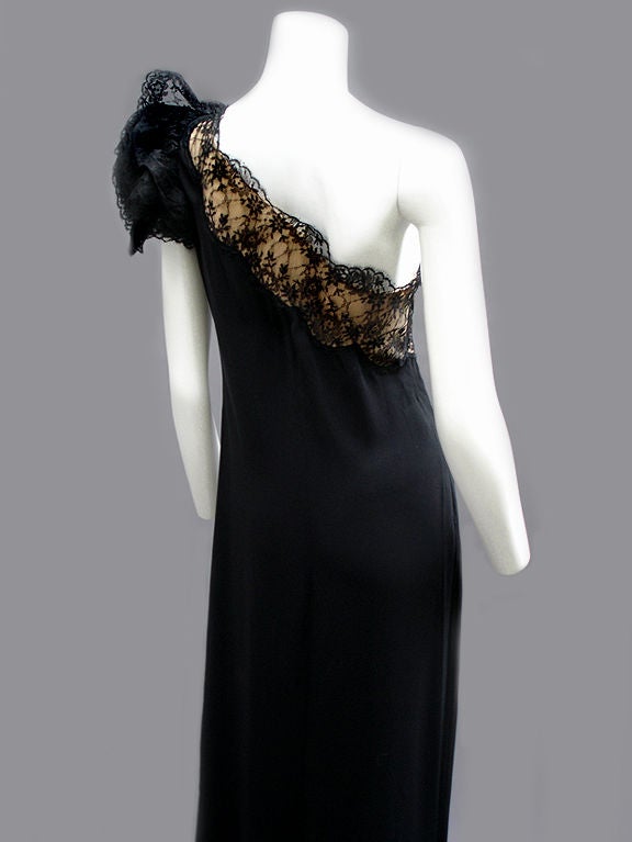 70s Bill Blass One-Shoulder Gown in Slippery Silk with Lace Flower For Sale 1