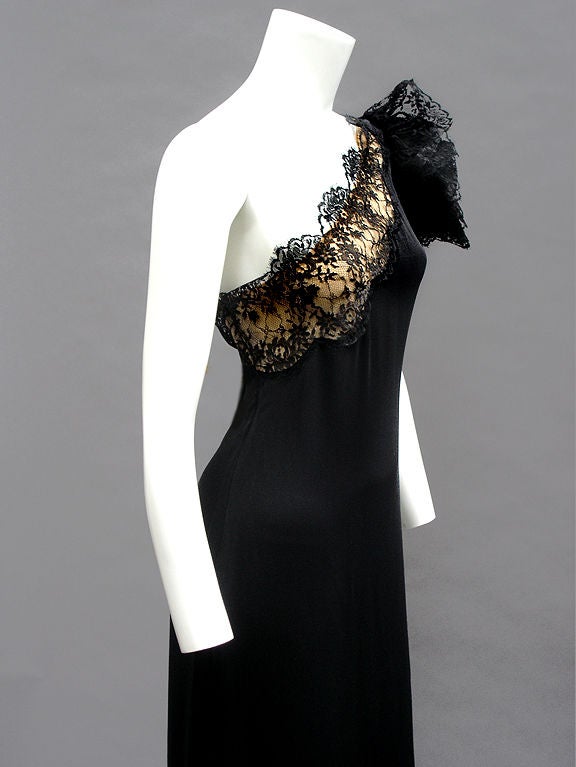 70s Bill Blass One-Shoulder Gown in Slippery Silk with Lace Flower For Sale 2