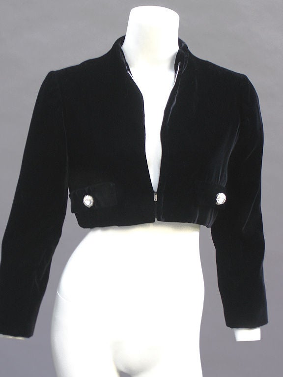 Black 40s Saks Fifth Avenue Velvet Bolero with Rhinestone Buttons For Sale