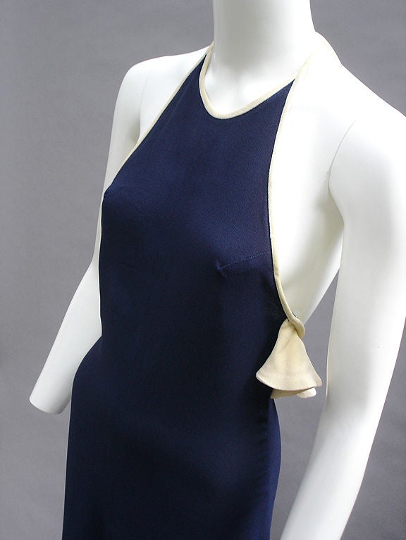 70s Radley Navy and Cream Ruffle Dress In Excellent Condition For Sale In Miami Beach, FL