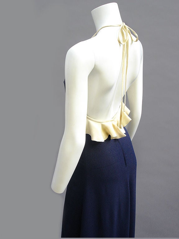 70s Radley Navy and Cream Ruffle Dress For Sale 1