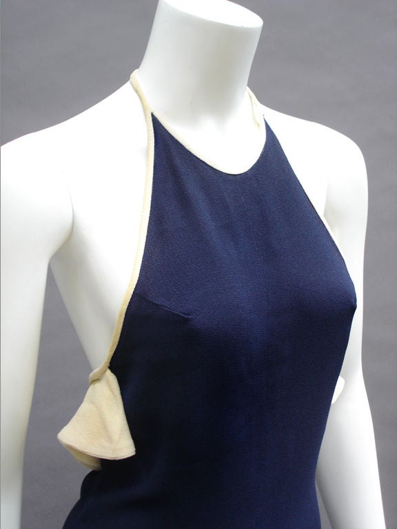 70s Radley Navy and Cream Ruffle Dress For Sale 4