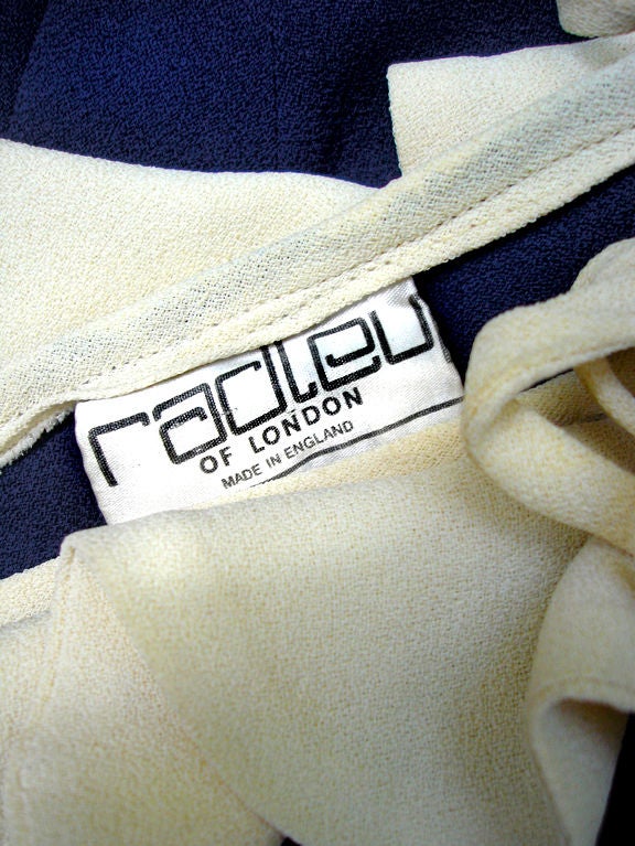 70s Radley Navy and Cream Ruffle Dress For Sale 5