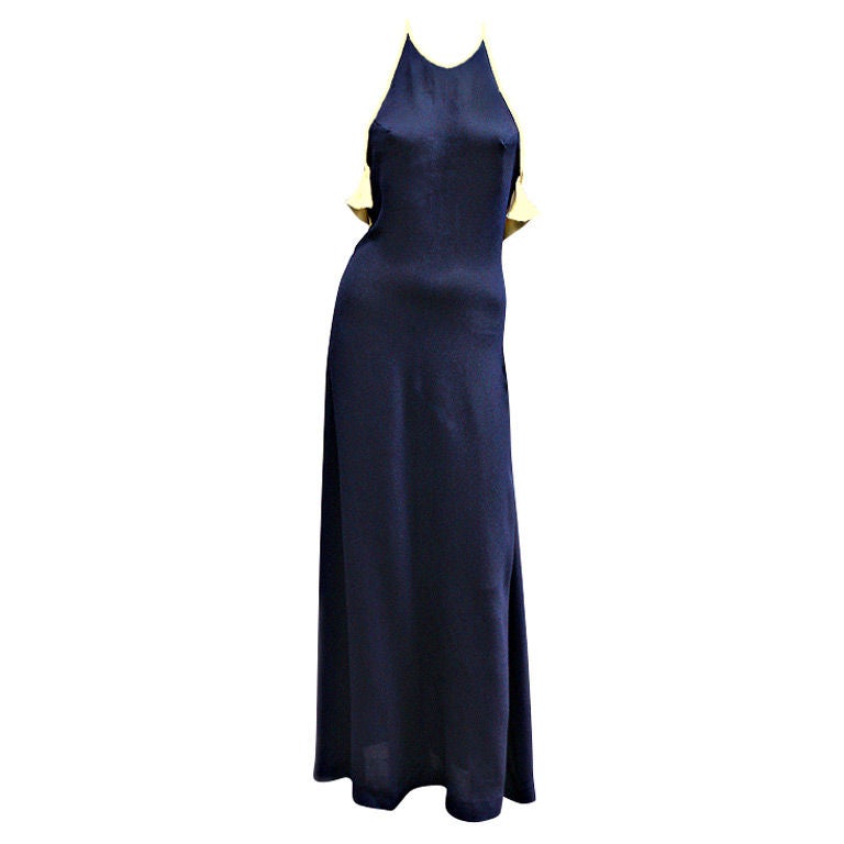 70s Radley Navy and Cream Ruffle Dress For Sale